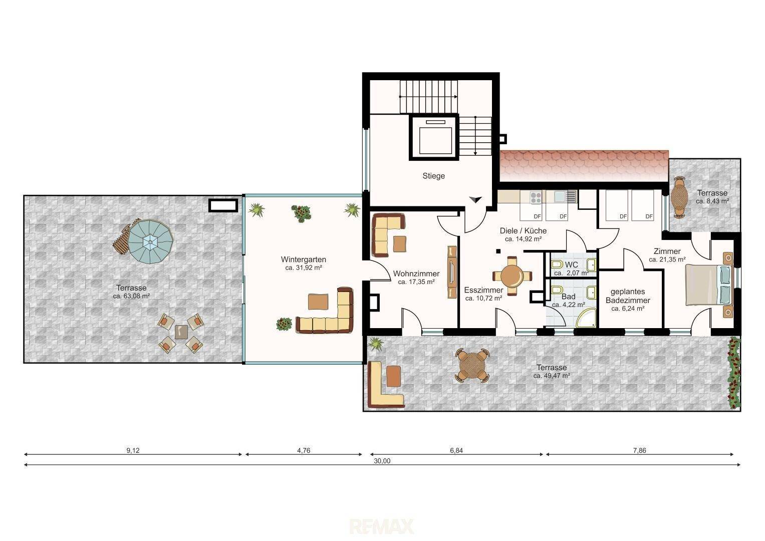 Detaillierter Grundriss mit Wintergarten, Wohn- und Essbereich, Schlafzimmer und mehreren Terrassen.