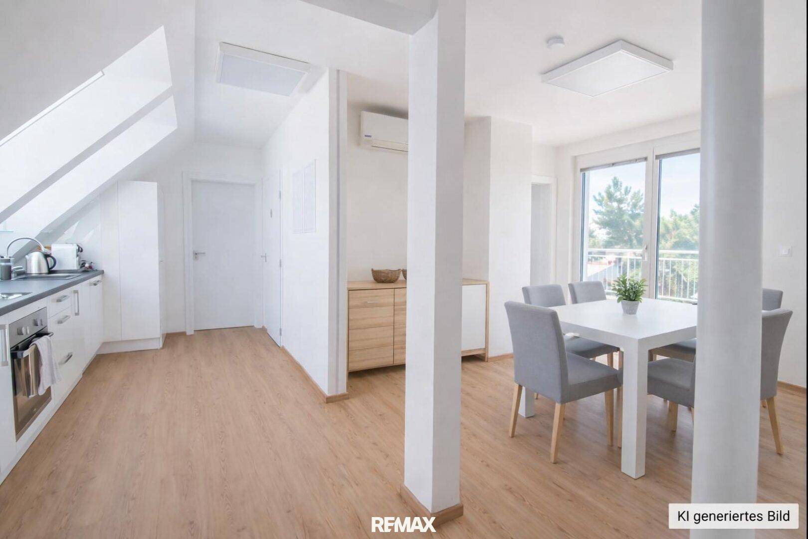 Heller offener Wohnbereich mit Küche, Essbereich und Zugang zu einem Balkon, unter einer Dachschräge.