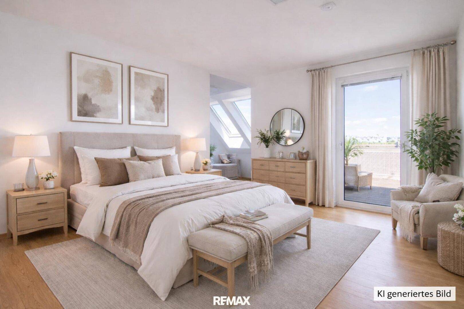 Geräumiges Schlafzimmer mit Doppelbett, Holzboden und direktem Zugang zu einem sonnigen Balkon.