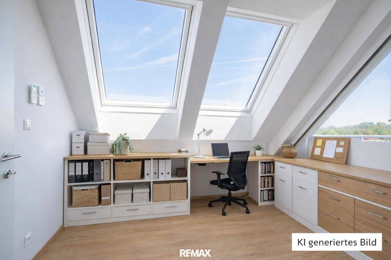 Heller Arbeitsbereich mit großem Schreibtisch, Stauraum und zwei schrägen Dachfenstern für optimale Beleuchtung.