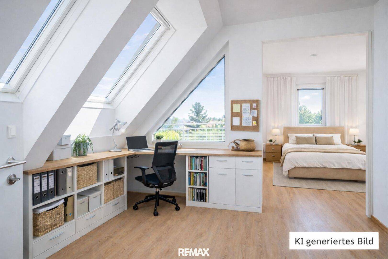Offener Wohnbereich mit Arbeitsplatz und angrenzendem Schlafzimmer, unter einer hellen Dachschräge mit großen Fenstern.