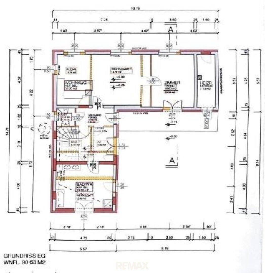 Grundriss des Erdgeschosses mit offenem Wohnbereich, Küche, Zimmer und Badezimmer.