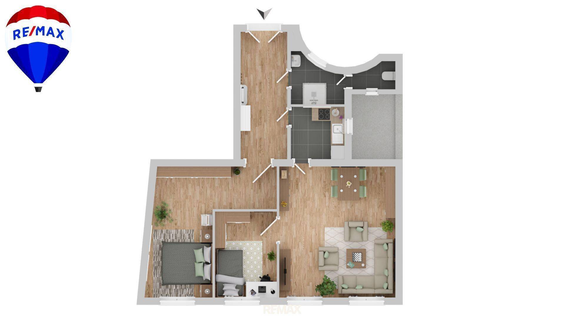 Übersichtlicher Grundriss einer Wohnung mit klar definierten Wohn- und Schlafbereichen.