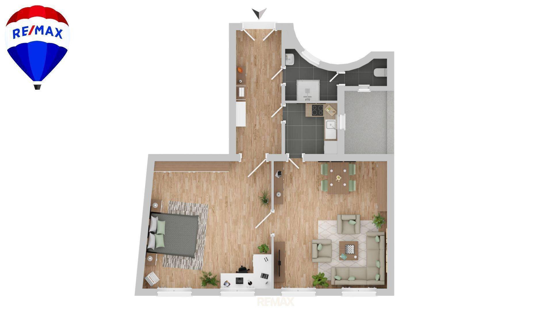 Unmöblierter Grundriss einer Wohnung mit klar definierten Wohn- und Schlafbereichen.