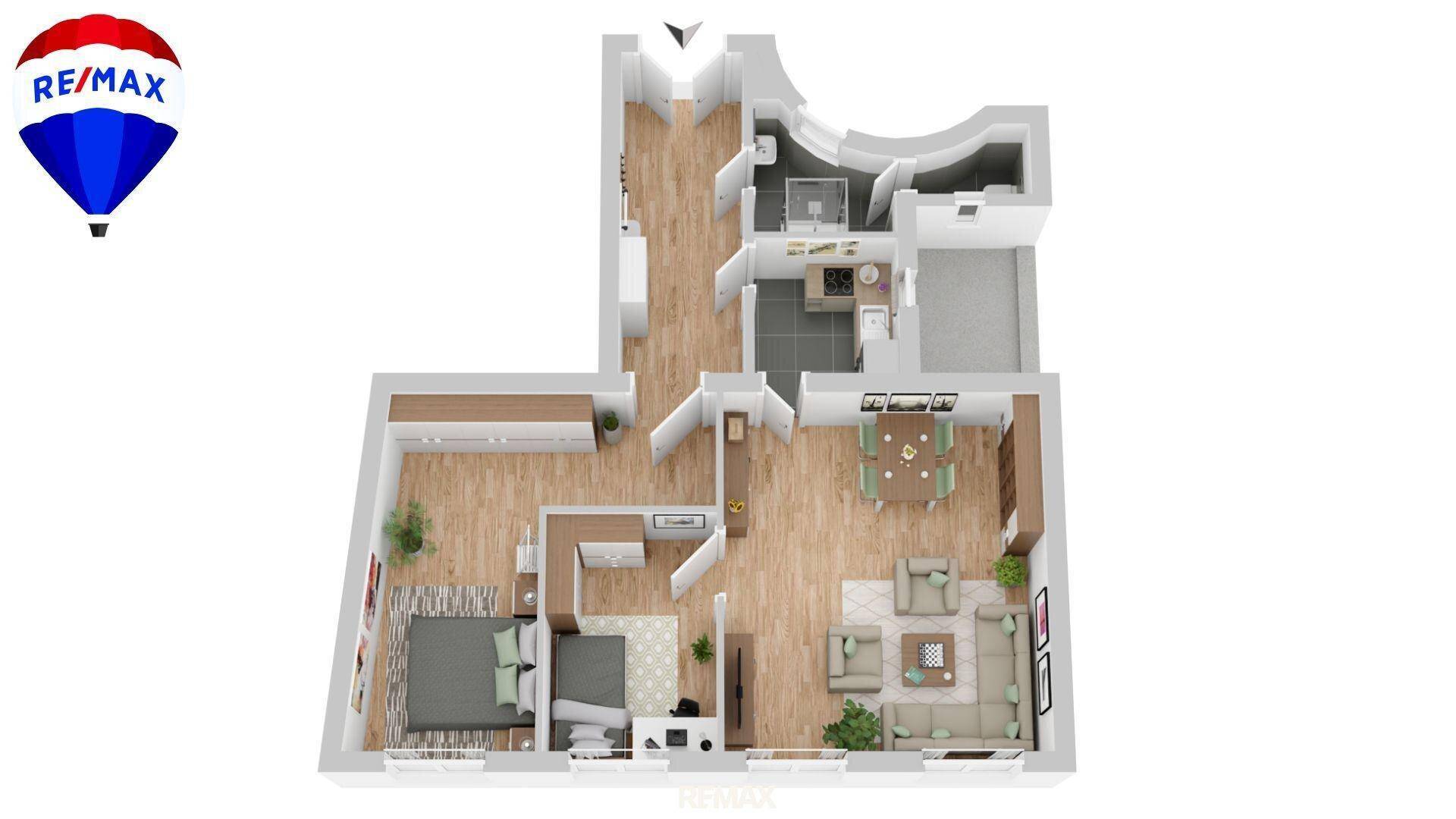 Detaillierter Grundriss einer Wohnung mit Schlafzimmern, Wohnbereich und Küche.