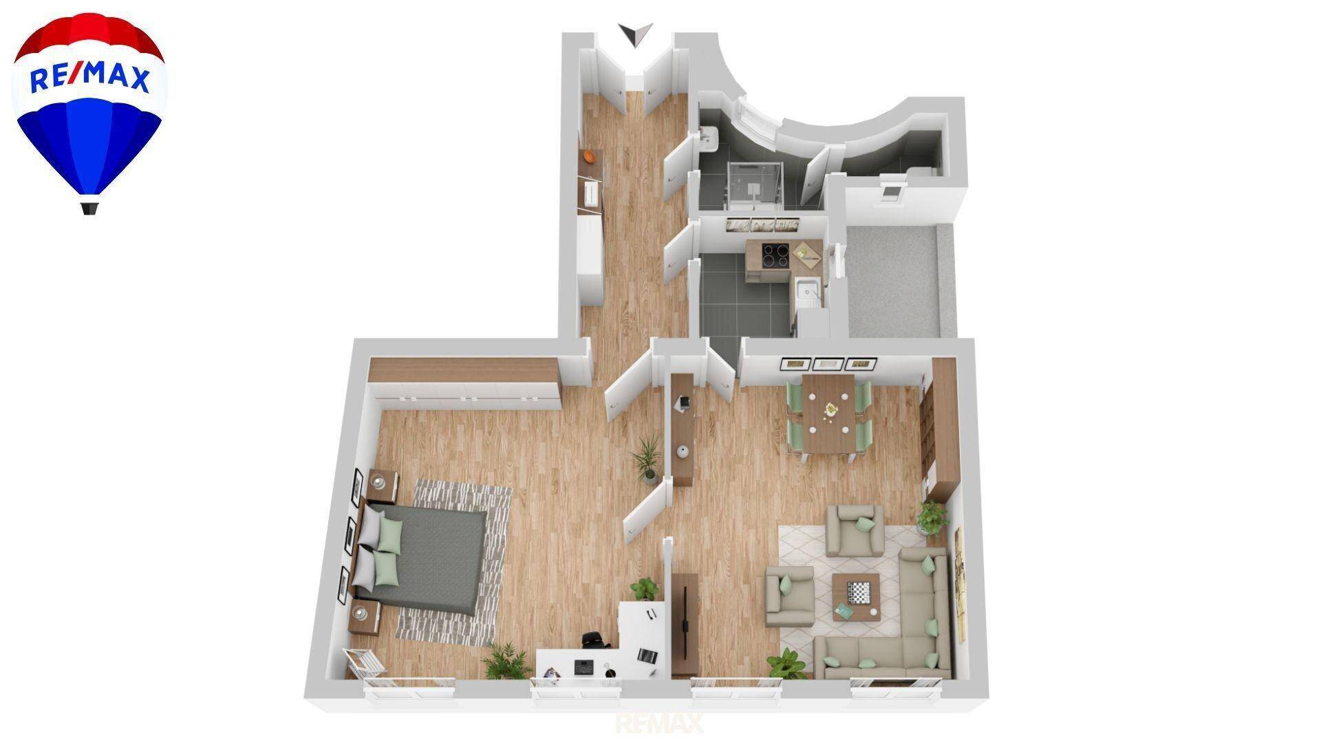 Möblierter Grundriss einer Wohnung mit Schlafzimmern, Wohnbereich und Küche.