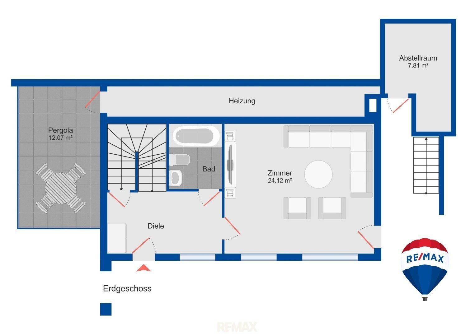 Grundriss des Erdgeschosses mit Zimmer, Bad, Diele und einer Pergola im Außenbereich.