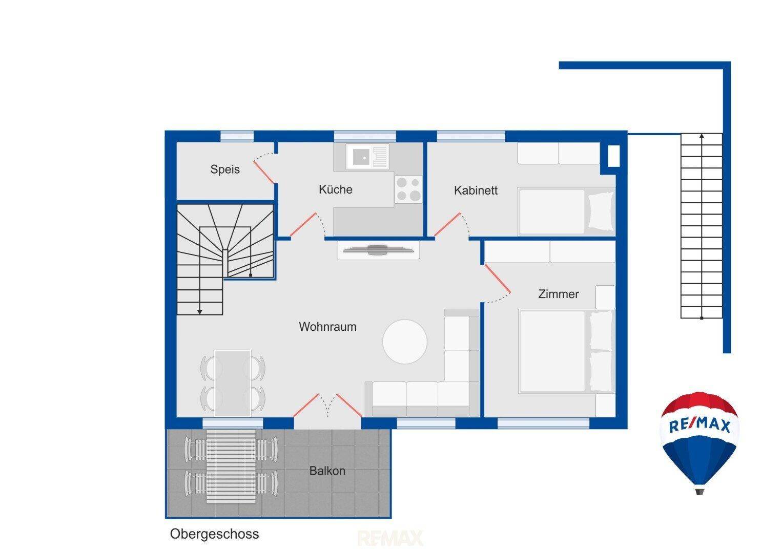 Grundriss des Obergeschosses mit Wohnraum, Küche, zwei Zimmern und Balkon.