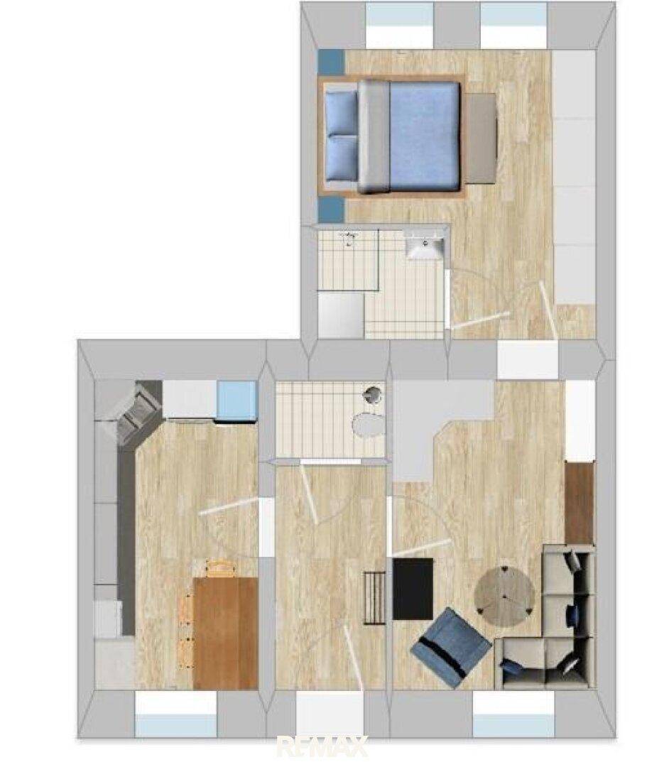 Detaillierter Grundriss einer Wohnung mit Schlafzimmer, Bad, Küche und Wohnbereich.