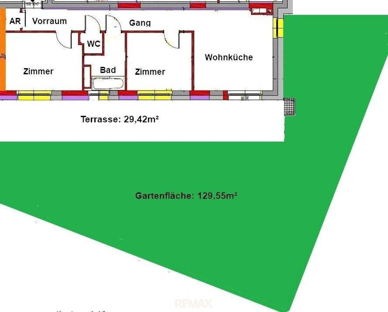 Grundriss der Wohnung mit Terrasse und großer Gartenfläche.