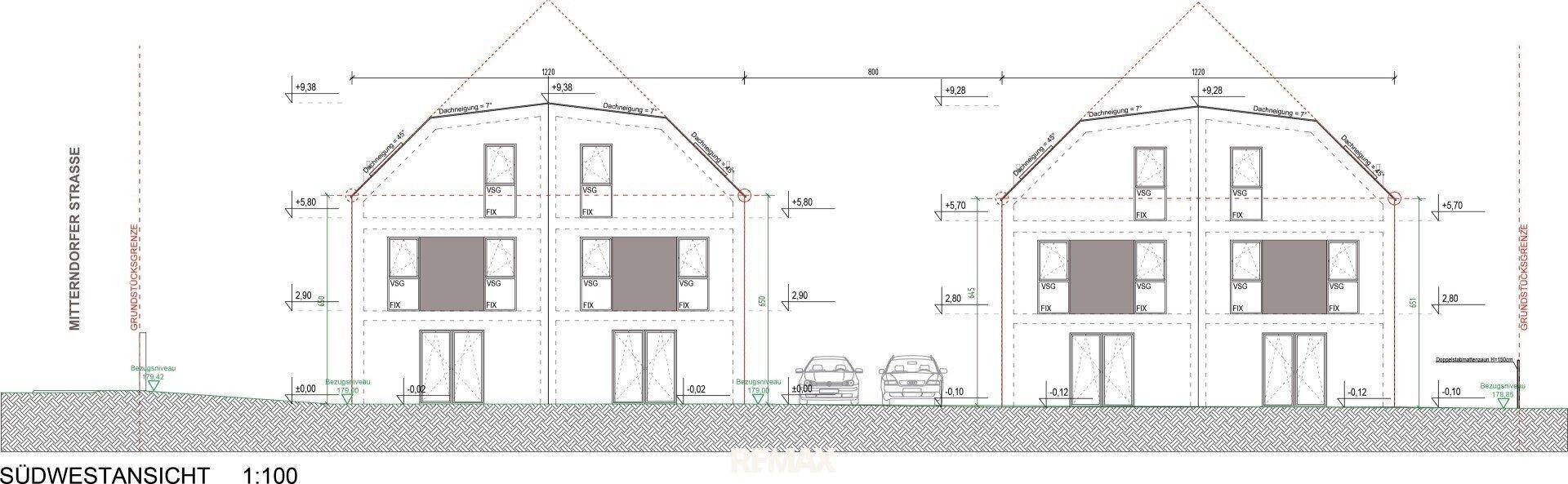Südwestansicht der Doppelhaushälften mit Fenstern, Türen und Dachform.