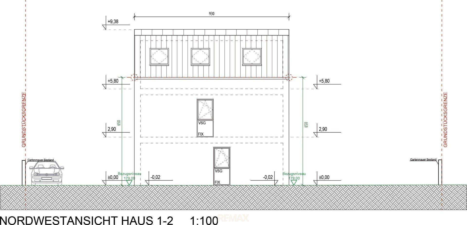 Nordwestansicht der Doppelhaushälften mit Fenstern und der Fassadengestaltung.