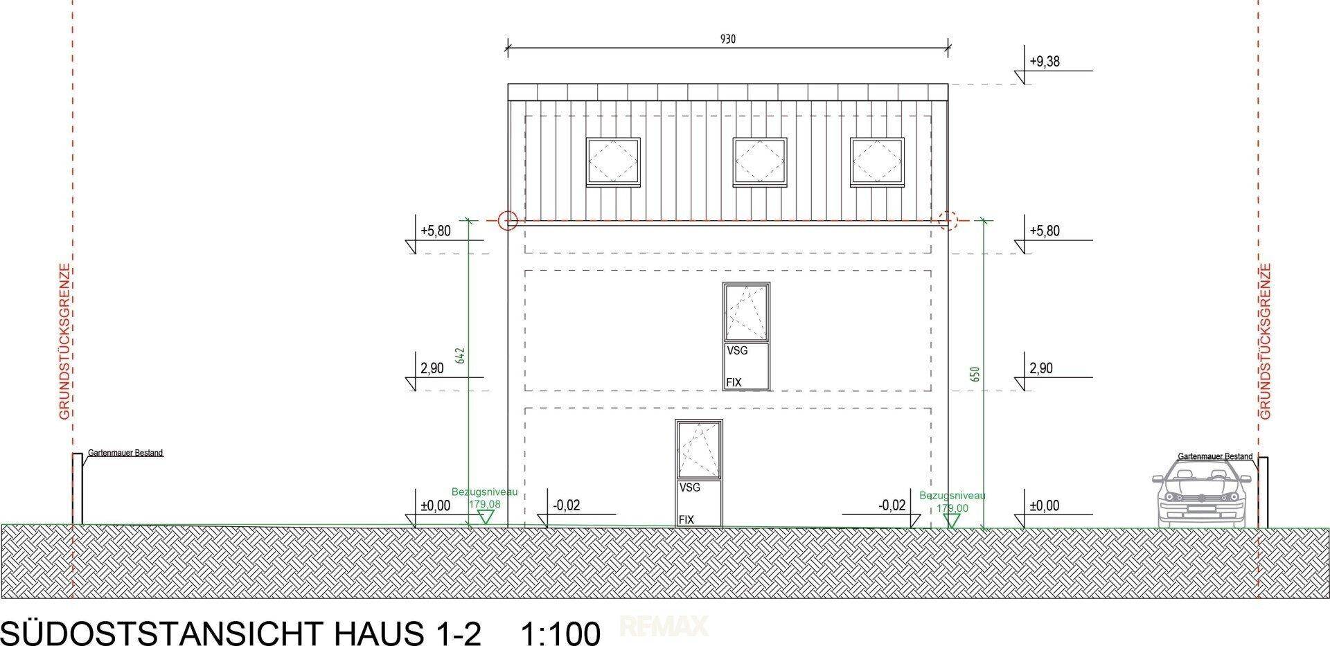 Südostansicht der Doppelhaushälften mit Fenstern und der Fassadengestaltung.
