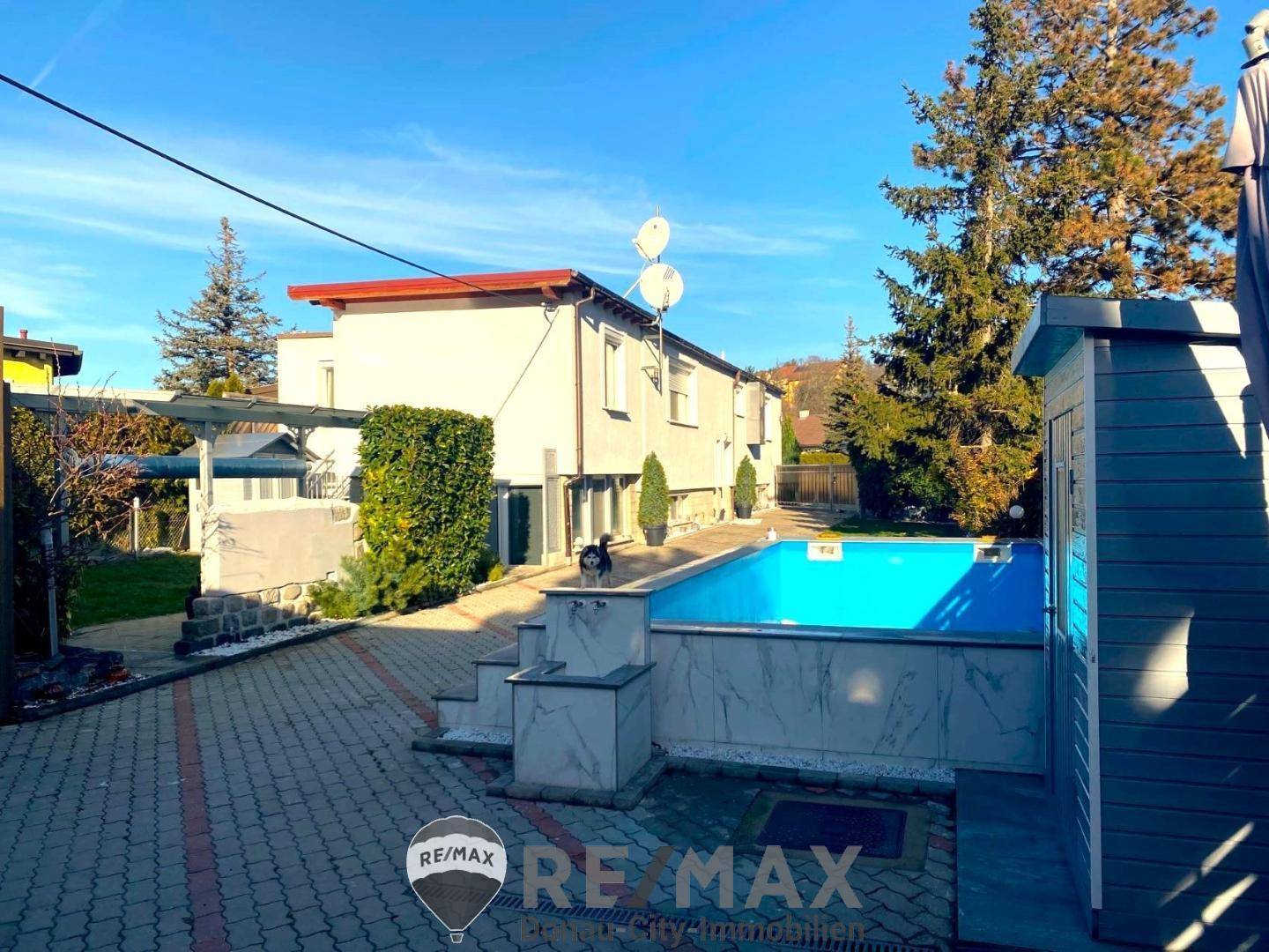 Sonniger Hinterhof mit Pool, gepflastertem Bereich und Blick auf das Wohngebäude unter blauem Himmel.