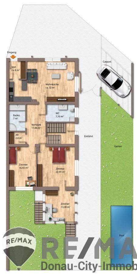 Detaillierter Grundriss des Obergeschosses mit Schlafzimmern, Bädern und Carport.