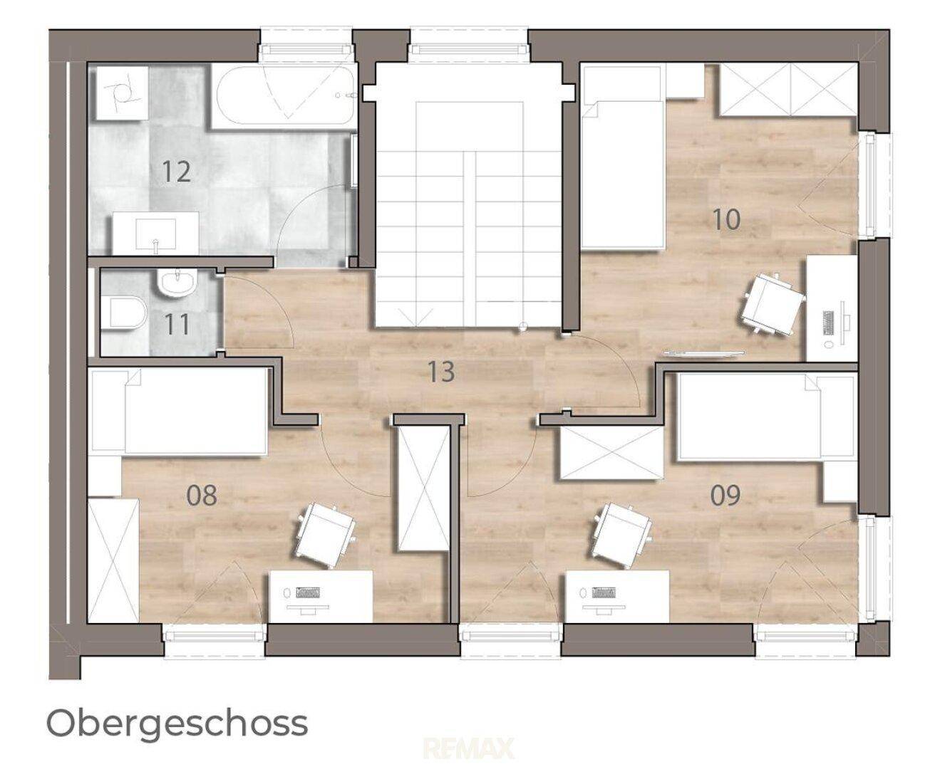 Grundriss des Obergeschosses mit drei Schlafzimmern und zwei Badezimmern, eines davon mit Badewanne.