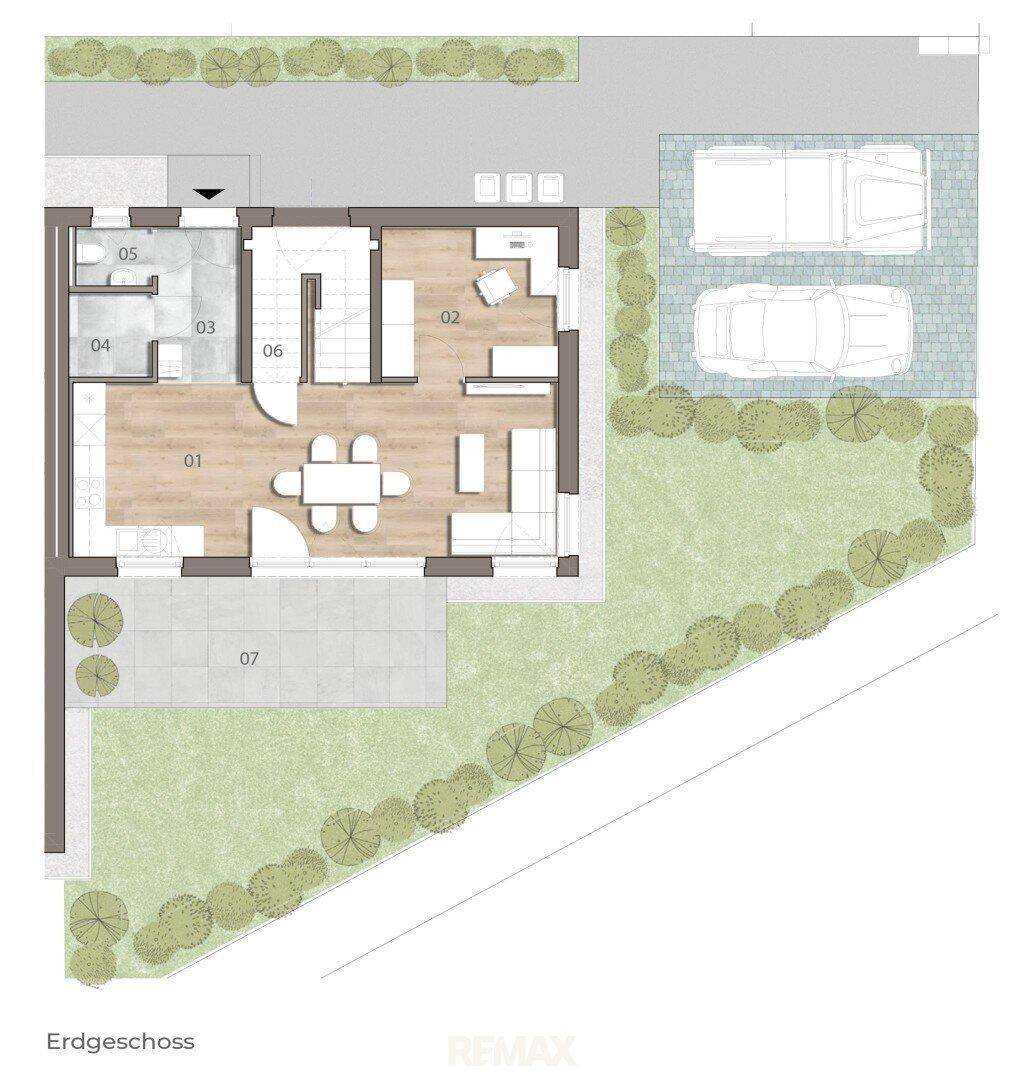Grundriss des Erdgeschosses mit offenem Wohn-Essbereich, Küche, Gäste-WC und Zugang zur Terrasse.