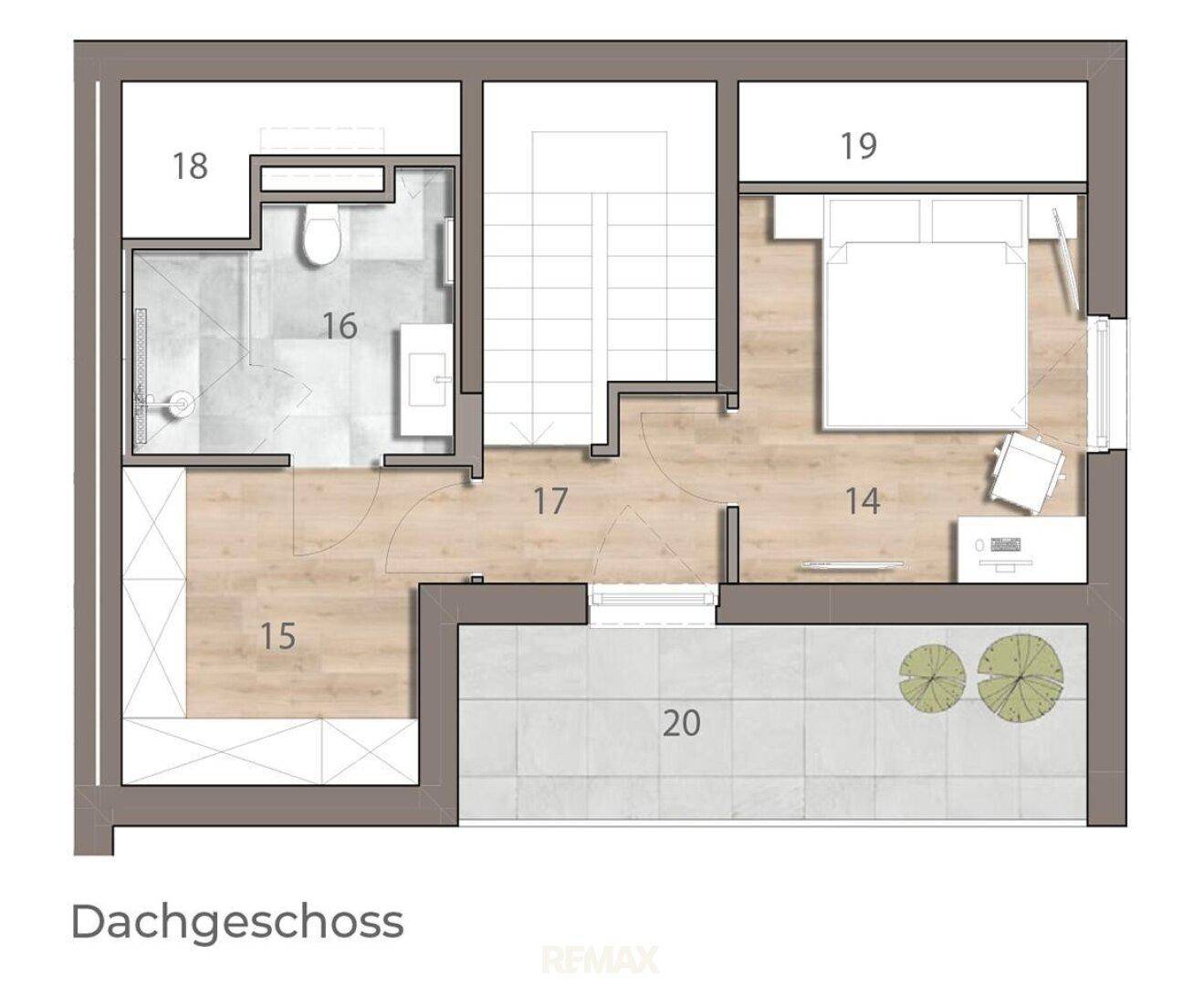 Grundriss des Dachgeschosses mit Schlafzimmer, Bad, Ankleide und einer großzügigen Dachterrasse.
