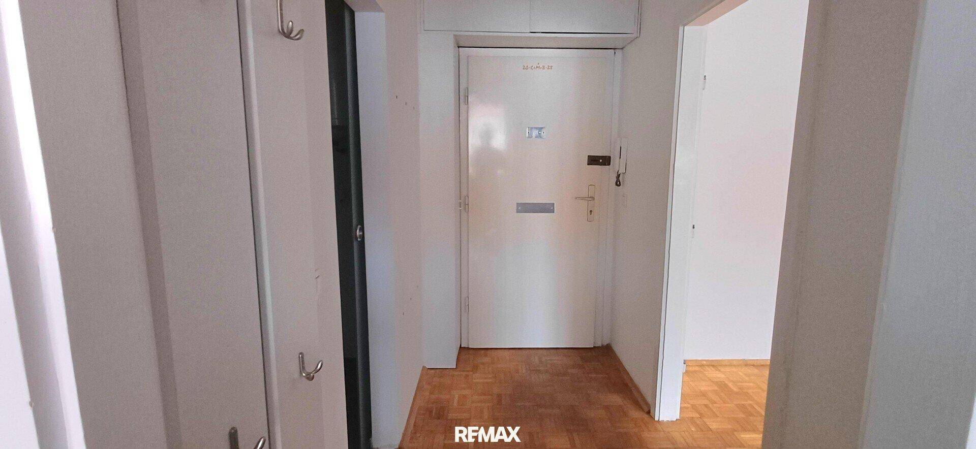 Eingangsbereich mit Parkettboden, Garderobenhaken und einer stabilen Wohnungseingangstür.