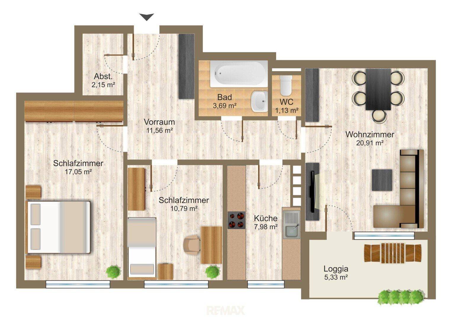 Grundriss einer Wohnung mit drei Schlafzimmern, Wohnzimmer und Loggia.