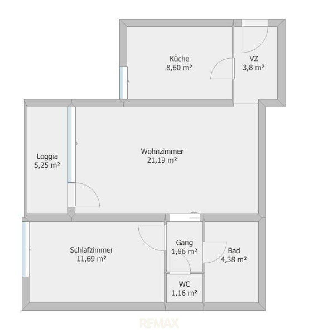 Grundriss der Wohnung mit Küche, Wohnzimmer, Loggia, Schlafzimmer und Bad.