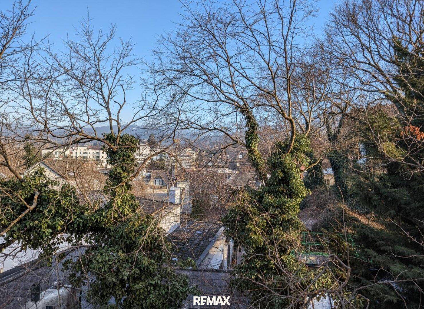 Blick über die Dächer der Stadt durch kahle Bäume mit Bergen im Hintergrund.