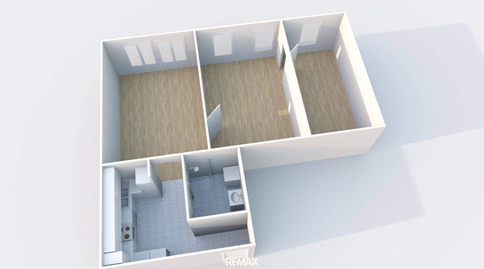 3D-Grundriss einer Wohnung mit drei Zimmern, Küche und Bad.
