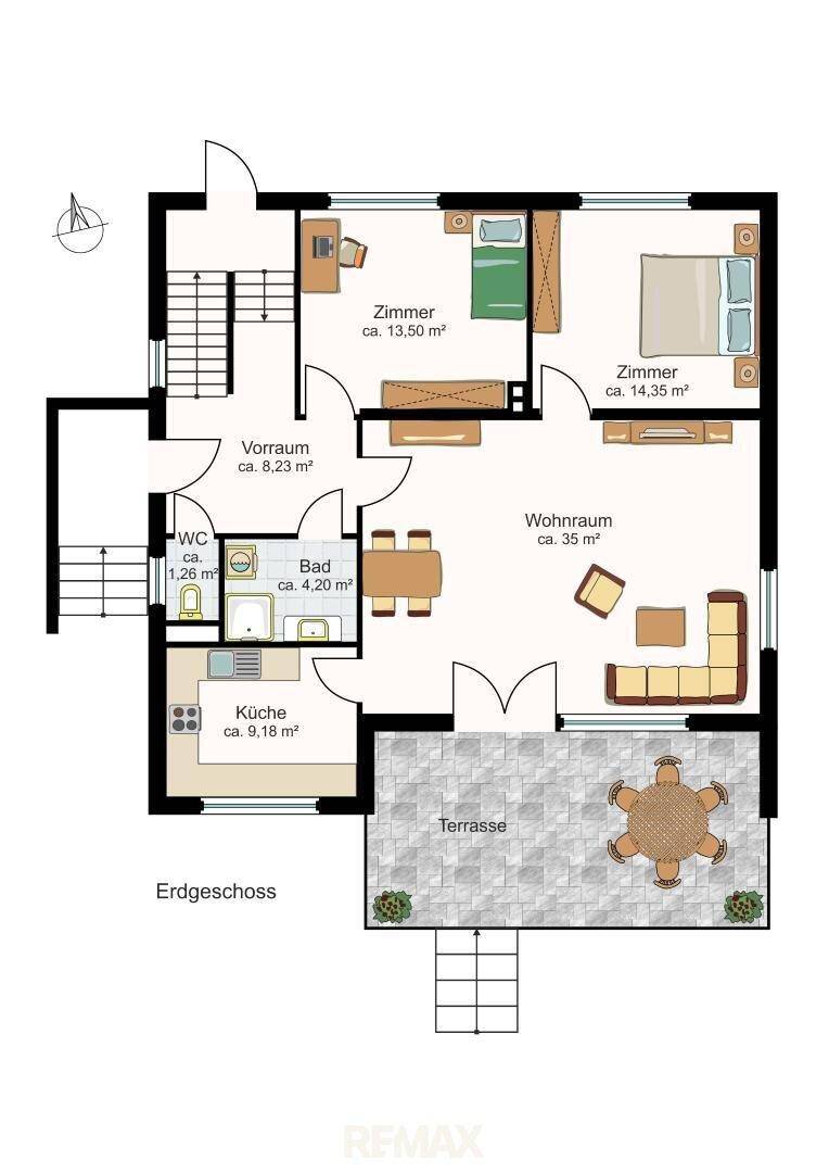 Grundriss des Erdgeschosses mit Wohnraum, Küche, Bad, WC und Terrasse.