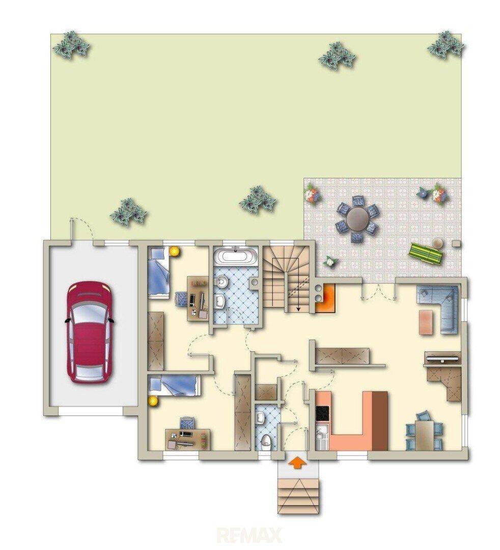 Detaillierter Grundriss des Erdgeschosses mit Garage, Terrasse, Garten und mehreren Wohnbereichen.