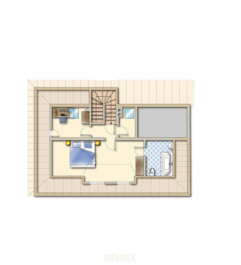 Grundriss des Dachgeschosses mit Schlafzimmer, Bad und Dachschrägen, bietet gemütlichen Wohnraum.