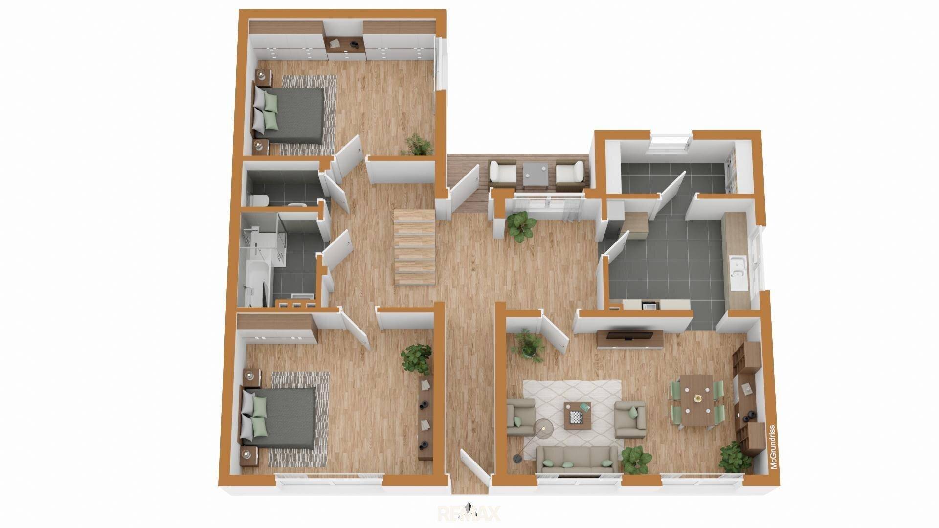 Grundriss des Erdgeschosses mit Wohnzimmer, Küche und zwei Schlafzimmern.