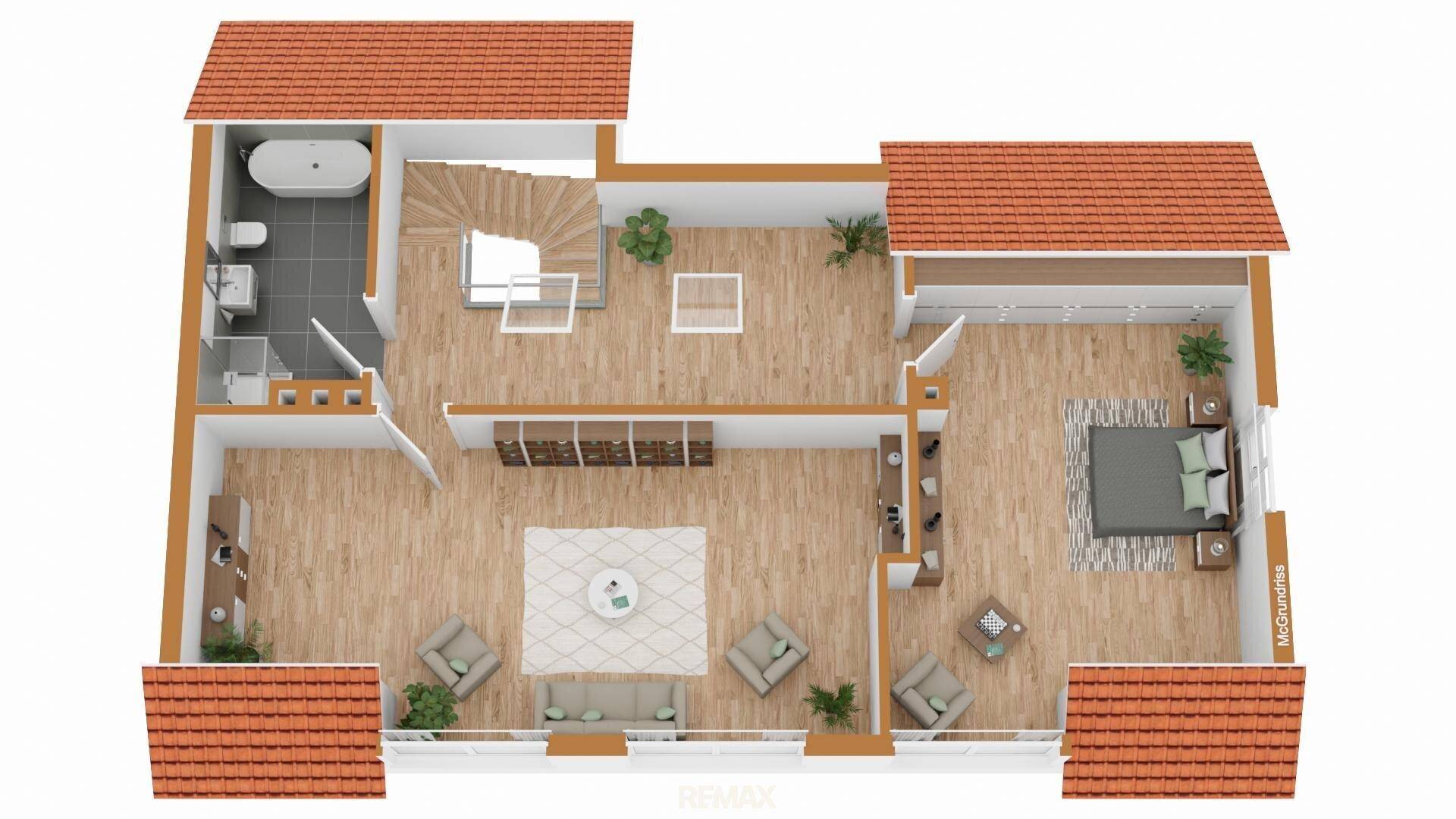 Grundriss des Obergeschosses mit Schlafzimmer, Bad und offenem Wohnbereich.