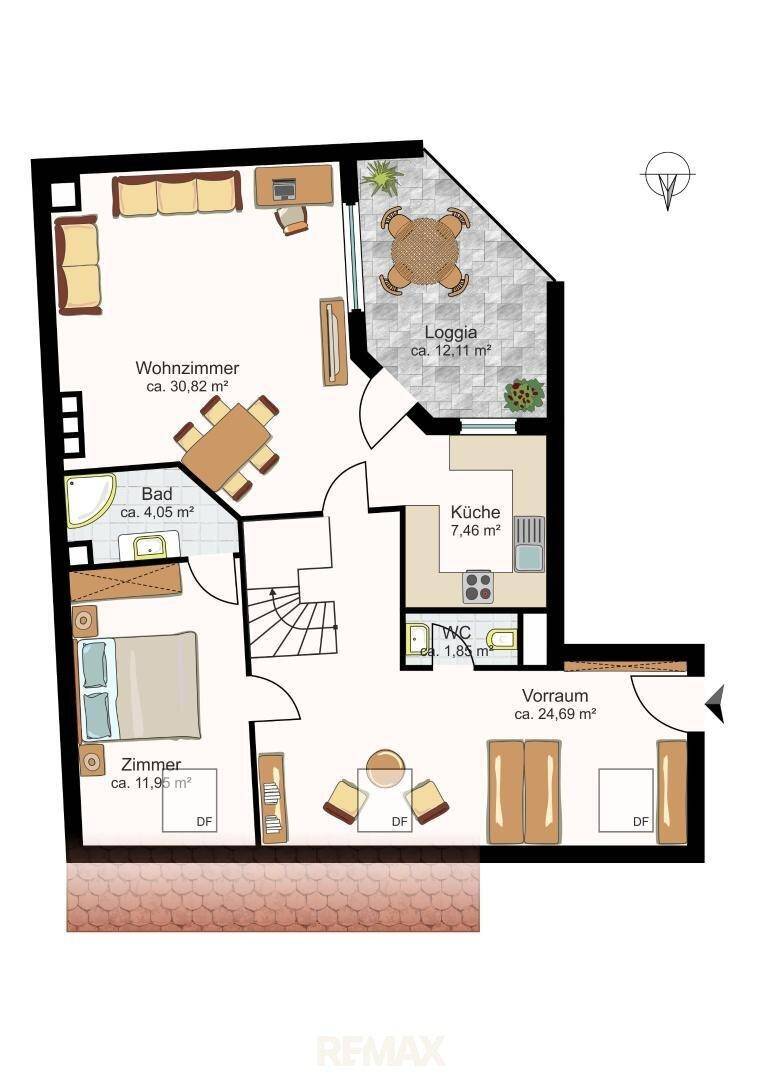 Grundriss der unteren Ebene mit Wohnzimmer, Küche, Bad, WC und Loggia.