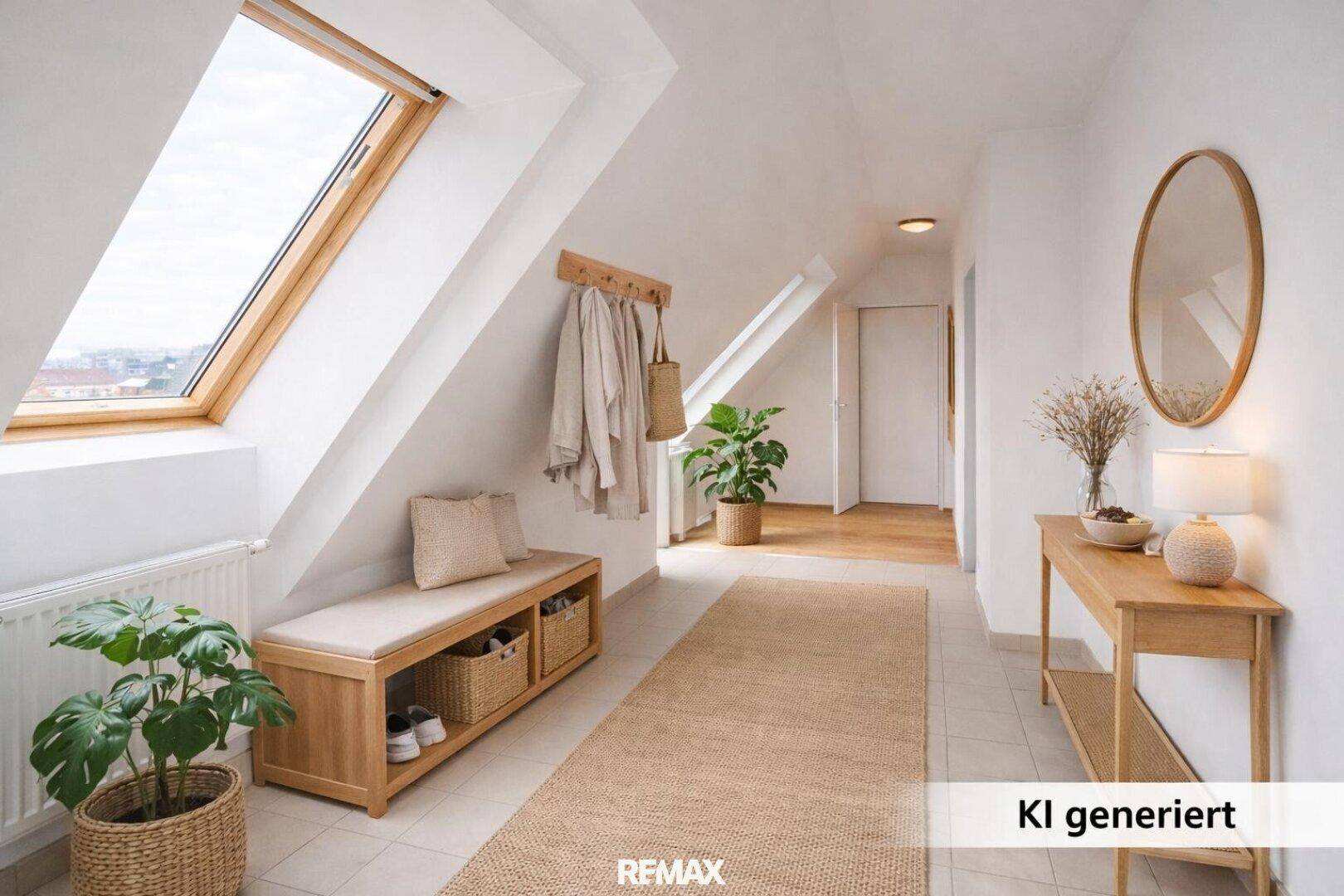 Heller Eingangsbereich im Dachgeschoss mit Dachfenster, Holzboden und Garderobe.