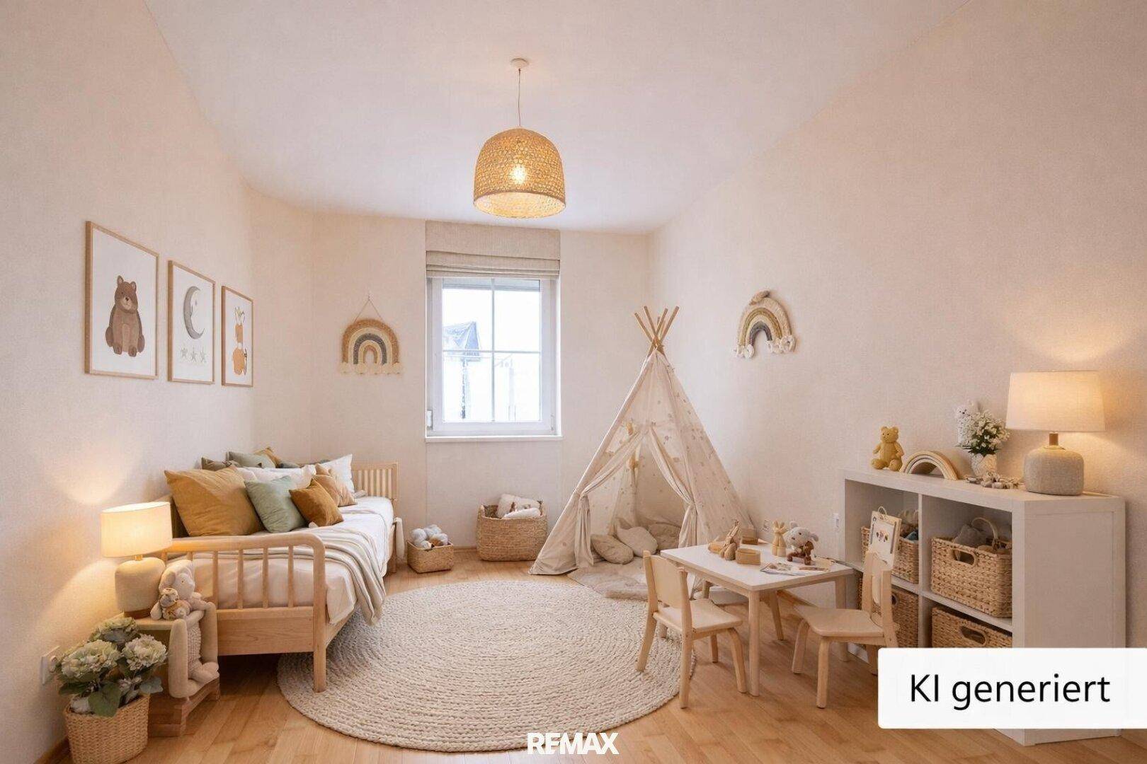 Freundliches Kinderzimmer mit Holzboden, Fenster und spielerischer Einrichtung.