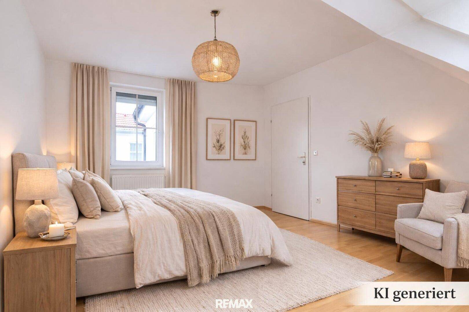 Gemütliches Schlafzimmer mit Holzboden, Fenster und warmer, heller Einrichtung.