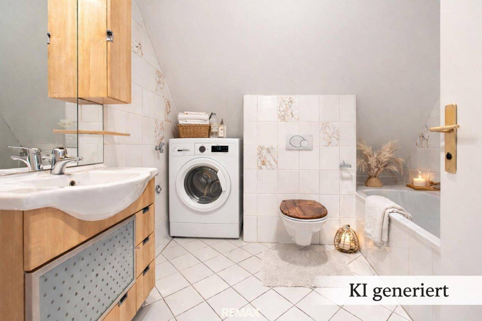 Badezimmer im Dachgeschoss mit Badewanne, Waschmaschine und Dachschräge.