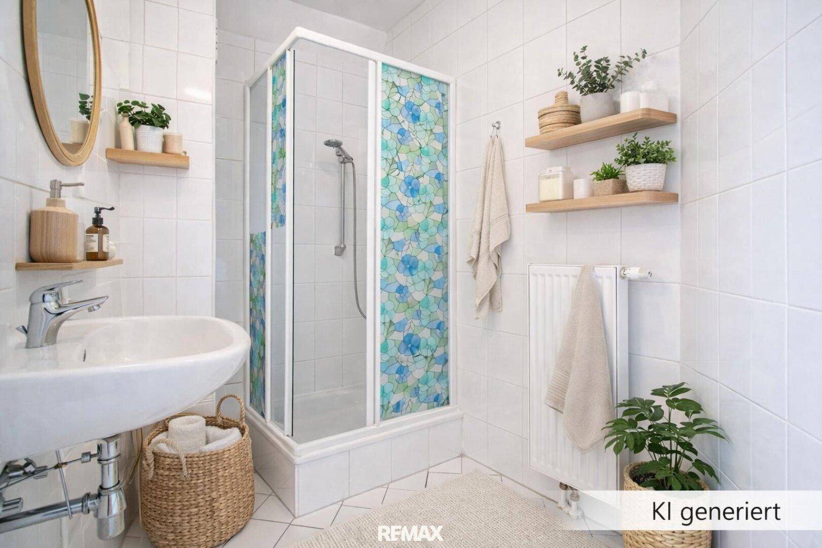 Modernes Badezimmer mit Duschkabine, weißen Fliesen und Heizkörper als Handtuchhalter.