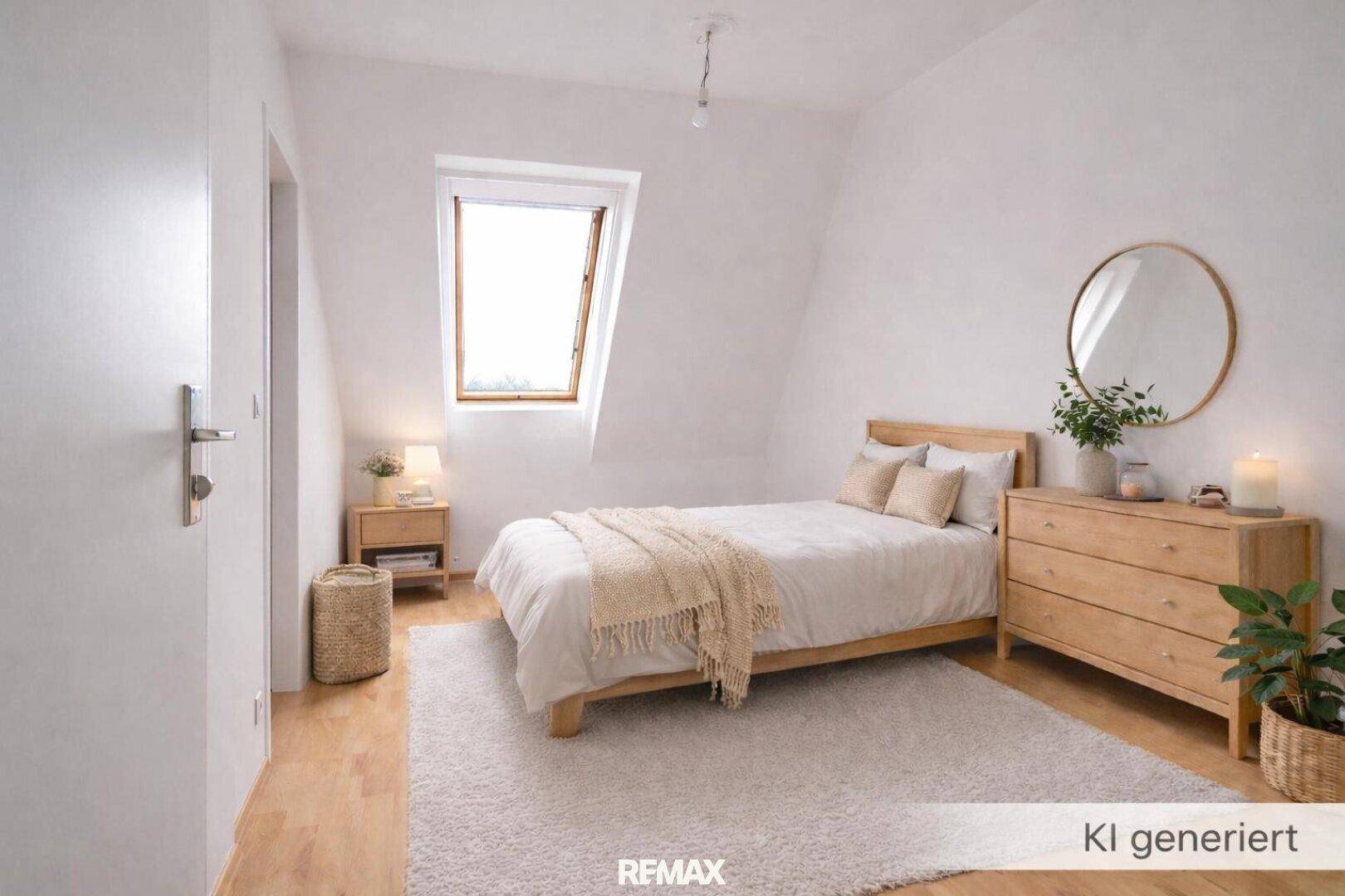 Helles Schlafzimmer im Dachgeschoss mit Dachfenster, Holzboden und schlichter Einrichtung.