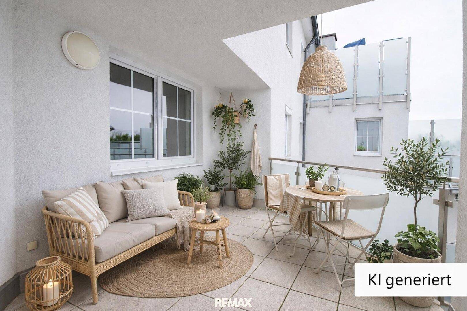 Möblierter Balkon mit Fliesenboden, Glasgeländer und Pflanzen für entspannte Stunden.