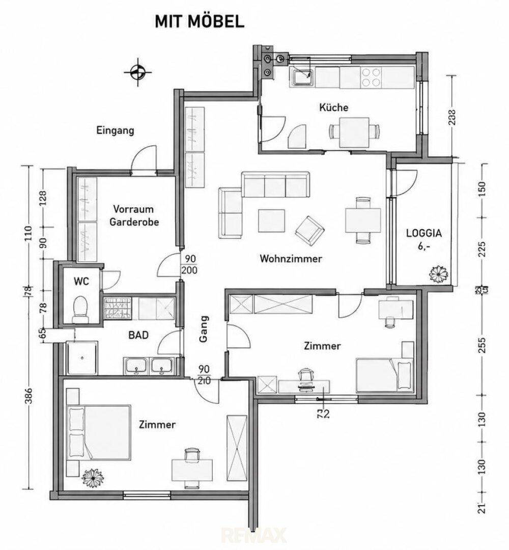 Detaillierter Grundriss einer Wohnung mit Küche, Wohnzimmer, zwei Zimmern, Bad, WC und Loggia.