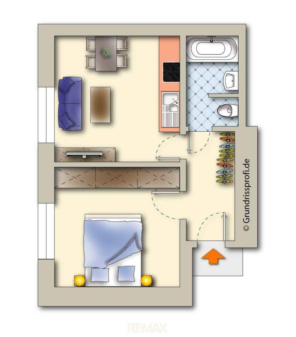 Grundriss einer Wohnung mit Schlafzimmer, Wohnbereich, Küche und Bad.