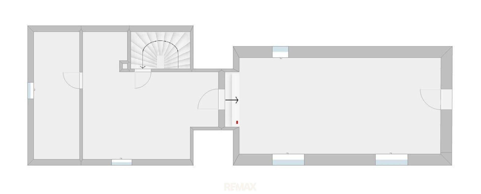 Grundrissplan des Obergeschosses mit zwei Hauptbereichen und einer Treppe.