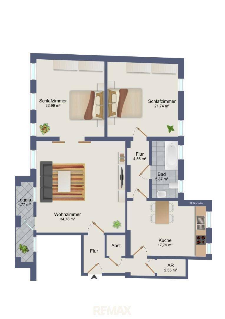 Grundriss einer Wohnung mit zwei Schlafzimmern, Wohnzimmer, Küche und Loggia.
