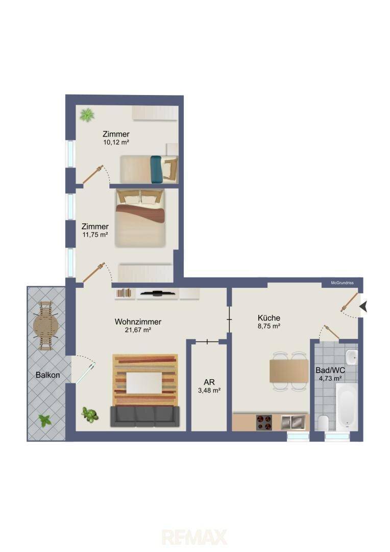 Grundriss einer Wohnung mit Wohnzimmer, zwei Zimmern, Küche, Bad und Balkon.