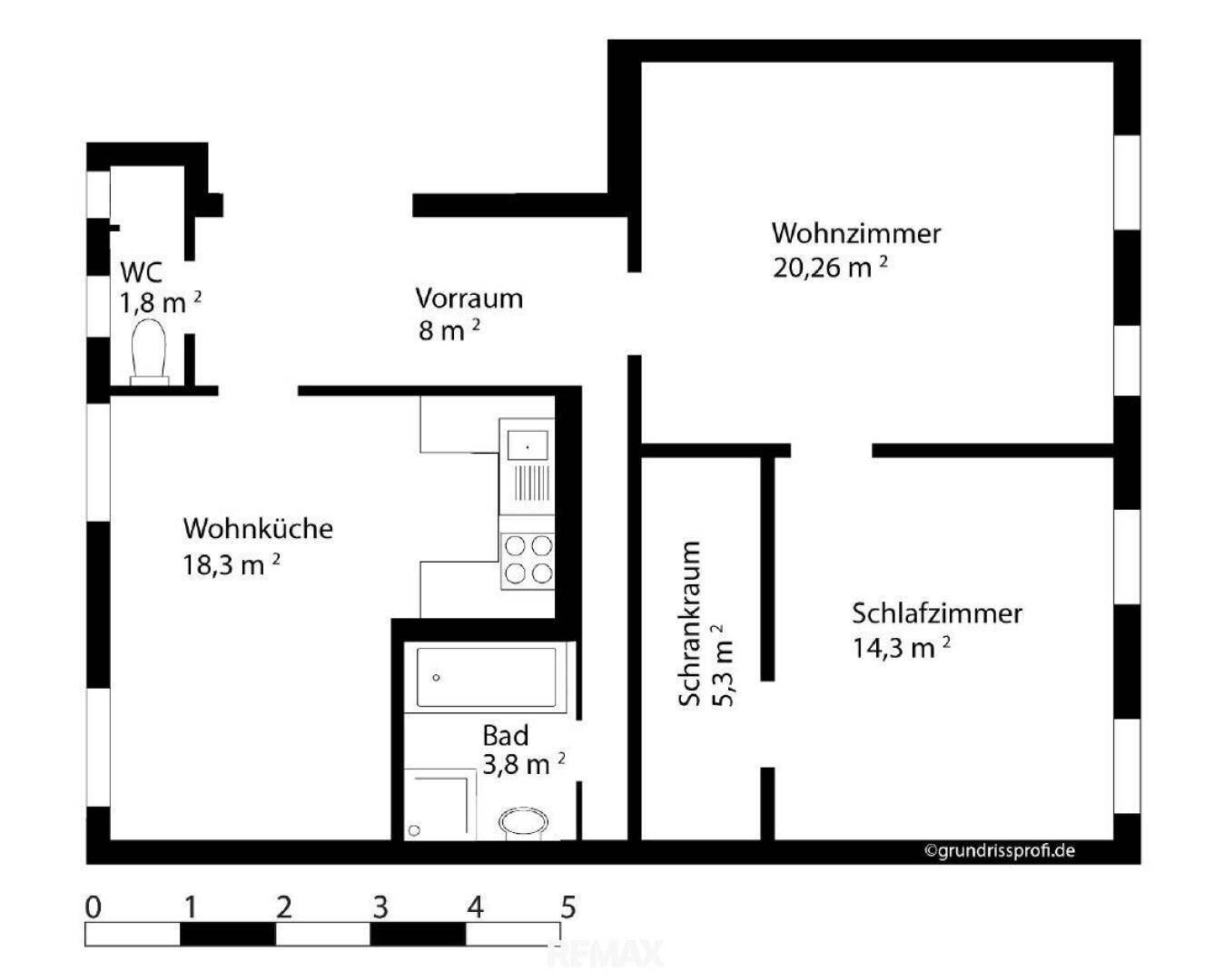 Grundrissplan mit Wohnzimmer, Schlafzimmer, Wohnküche, Bad und WC, inklusive Flächenangaben.