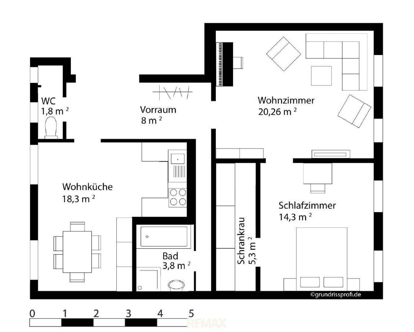 Möblierter Grundrissplan mit Aufteilung von Wohnzimmer, Schlafzimmer, Wohnküche, Bad und WC.