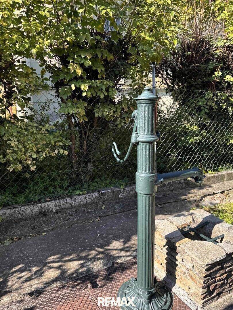 Historische grüne Wasserpumpe im Gartenbereich, umgeben von üppigem Grün und einem Zaun.