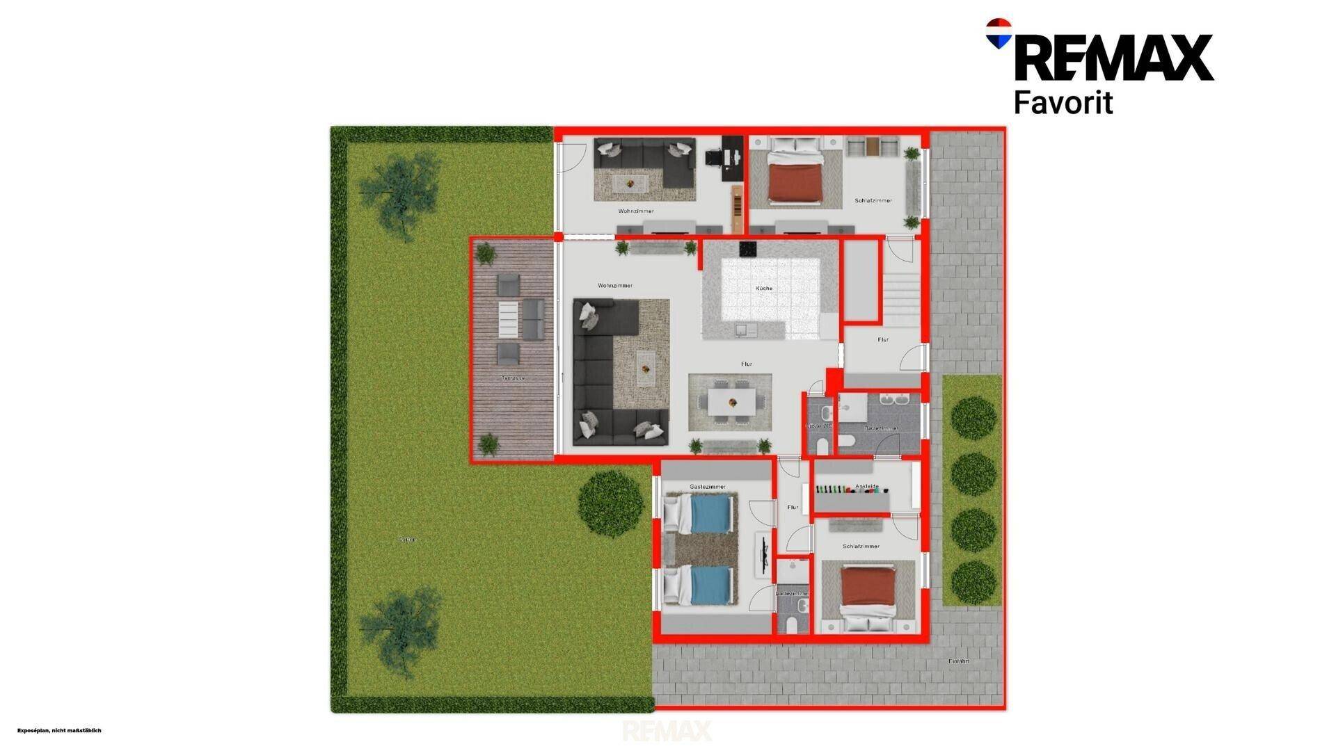 Grundriss des Erdgeschosses mit Garten, Terrasse, Wohnbereich und Schlafzimmern.