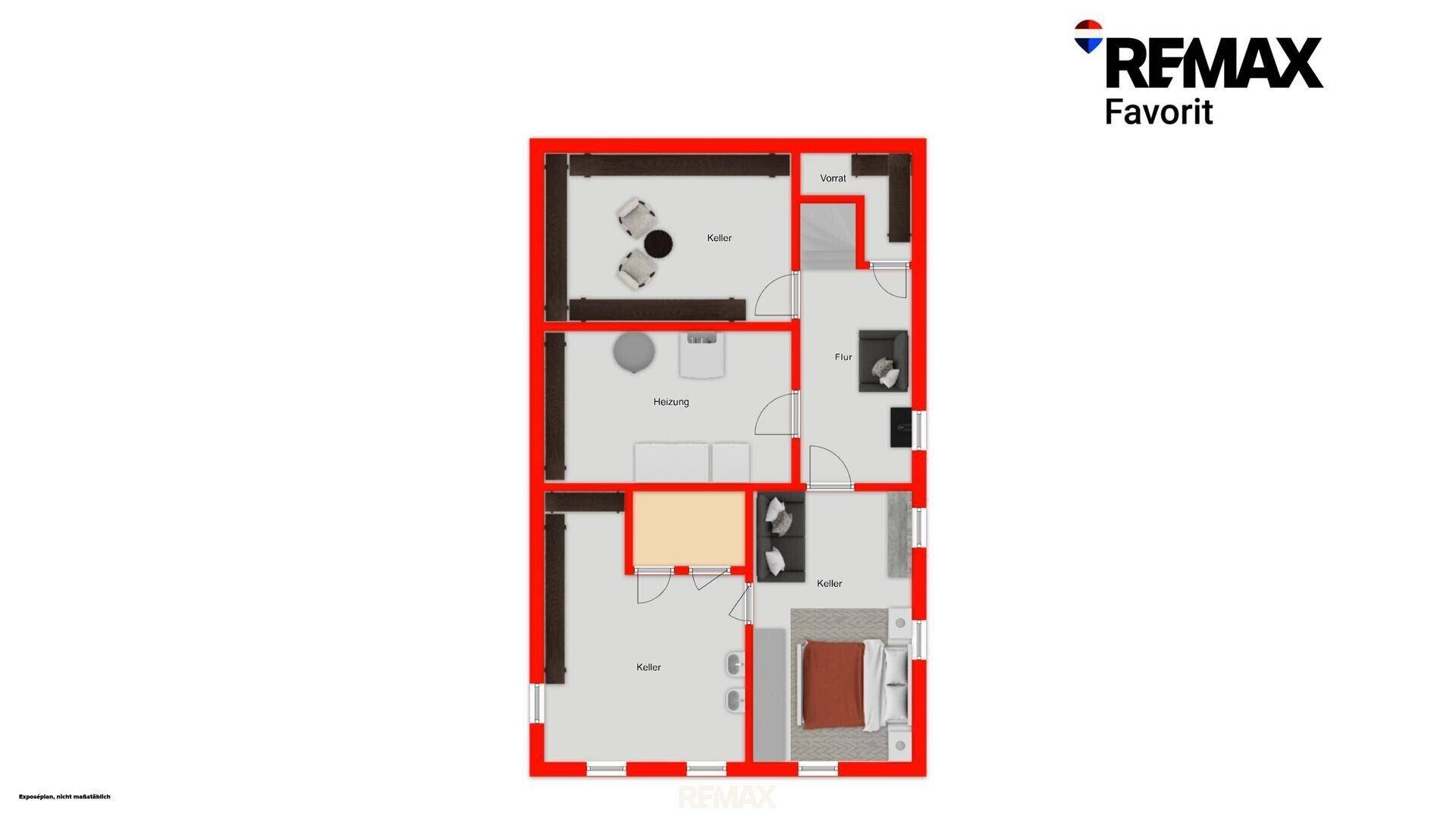 Grundriss des Kellers mit Heizraum, Vorratsraum und einem Schlafzimmer.